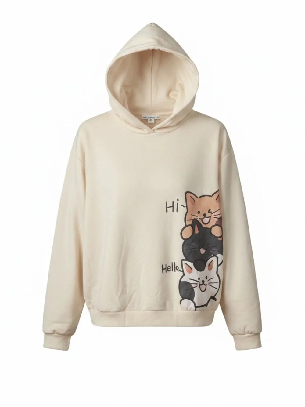 SHEIN Teen Cream Pullover Hoodie with Stacked Cat Print